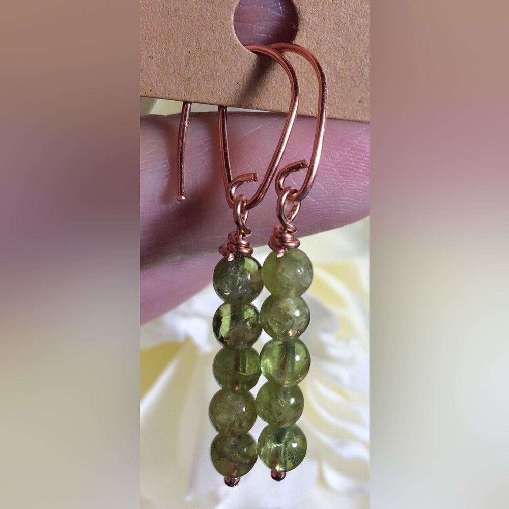 Natural Peridot & Solid Copper Linear Avacado Green Artisan Earrings
